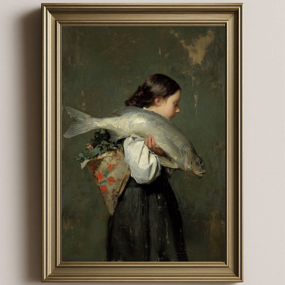 8.5x11 Medieval Girl Carrying Fish Like Bouquet, Vintage Art Print
